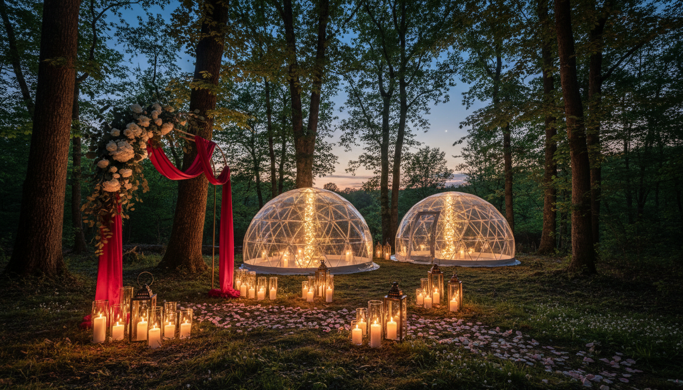 Elopement ceremony with red ribbon beside transparent bubbles in the Tuscan woods – bubble elopement – Kiss Me Italy