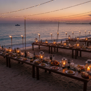 Welcome beach party with fire and lanterns on the Adriatic coast of Puglia – multi-day masseria wedding – Kiss Me Italy