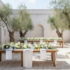 Wedding lunch in the olive-grove courtyard of Masseria Calderisi in Puglia – Masseria Calderisi wedding – Kiss Me Italy