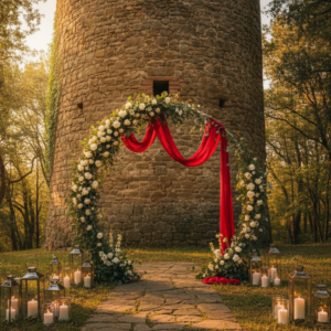 Elopement ceremony with red ribbon at a private medieval tower in Tuscany – medieval tower elopement – Kiss Me Italy