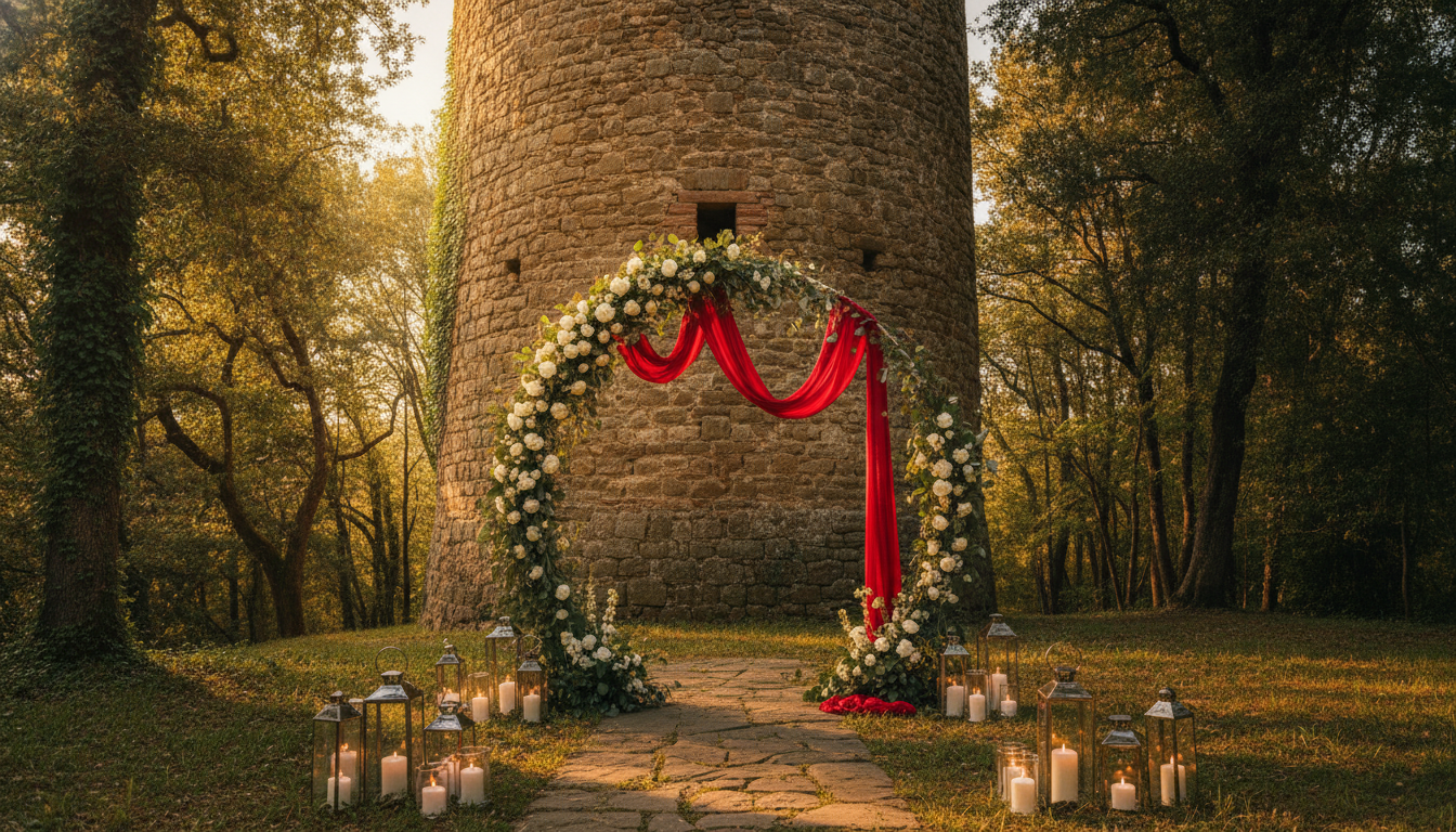 Elopement ceremony with red ribbon at a private medieval tower in Tuscany – medieval tower elopement – Kiss Me Italy