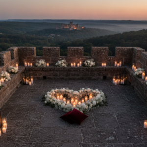 Candlelit proposal on the rooftop of a private medieval tower in Tuscany – medieval tower proposal – Kiss Me Italy