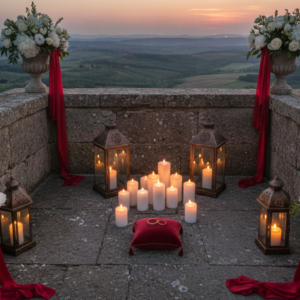 Anniversary vow renewal with rings and lanterns at a medieval tower in Tuscany – medieval tower vow renewal – Kiss Me Italy