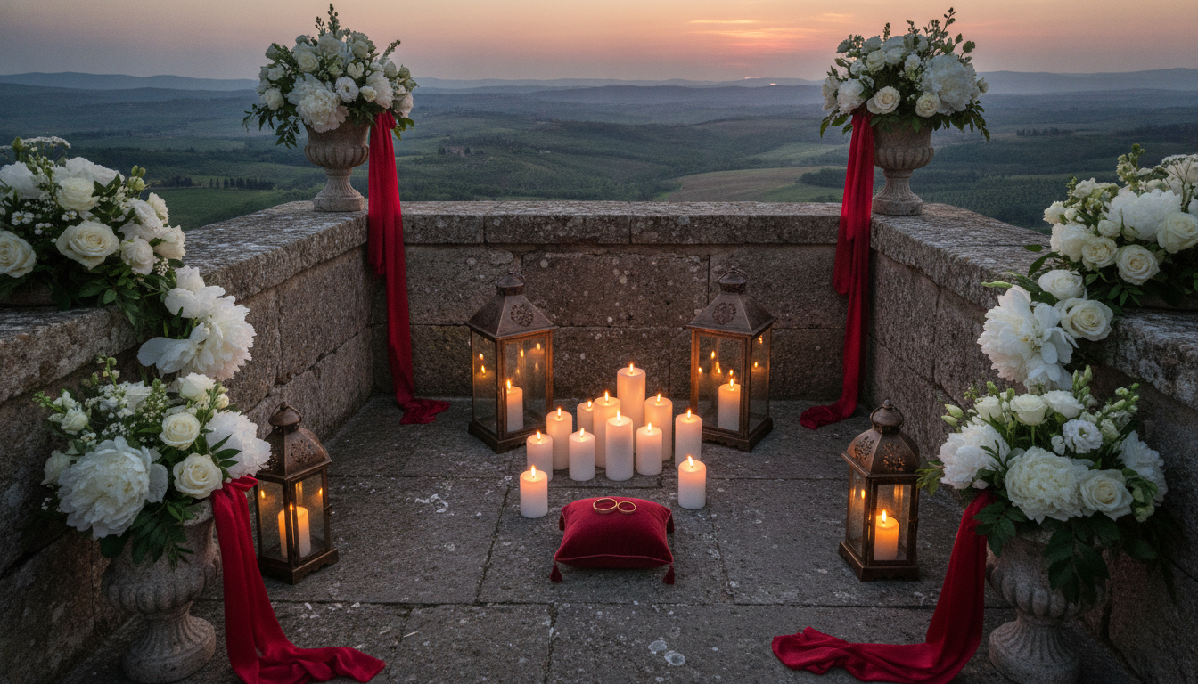 Anniversary vow renewal with rings and lanterns at a medieval tower in Tuscany – medieval tower vow renewal – Kiss Me Italy