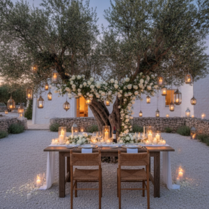 Candlelit proposal dinner among olive trees at a Puglian masseria near Fasano – Puglia marriage proposal – Kiss Me Italy