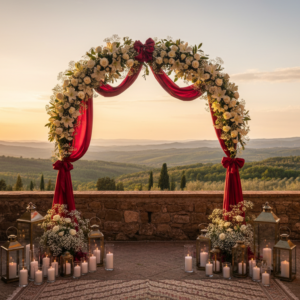 Elopement ceremony with red ribbon overlooking the Maremma hills of Tuscany – castle elopement Tuscany – Kiss Me Italy