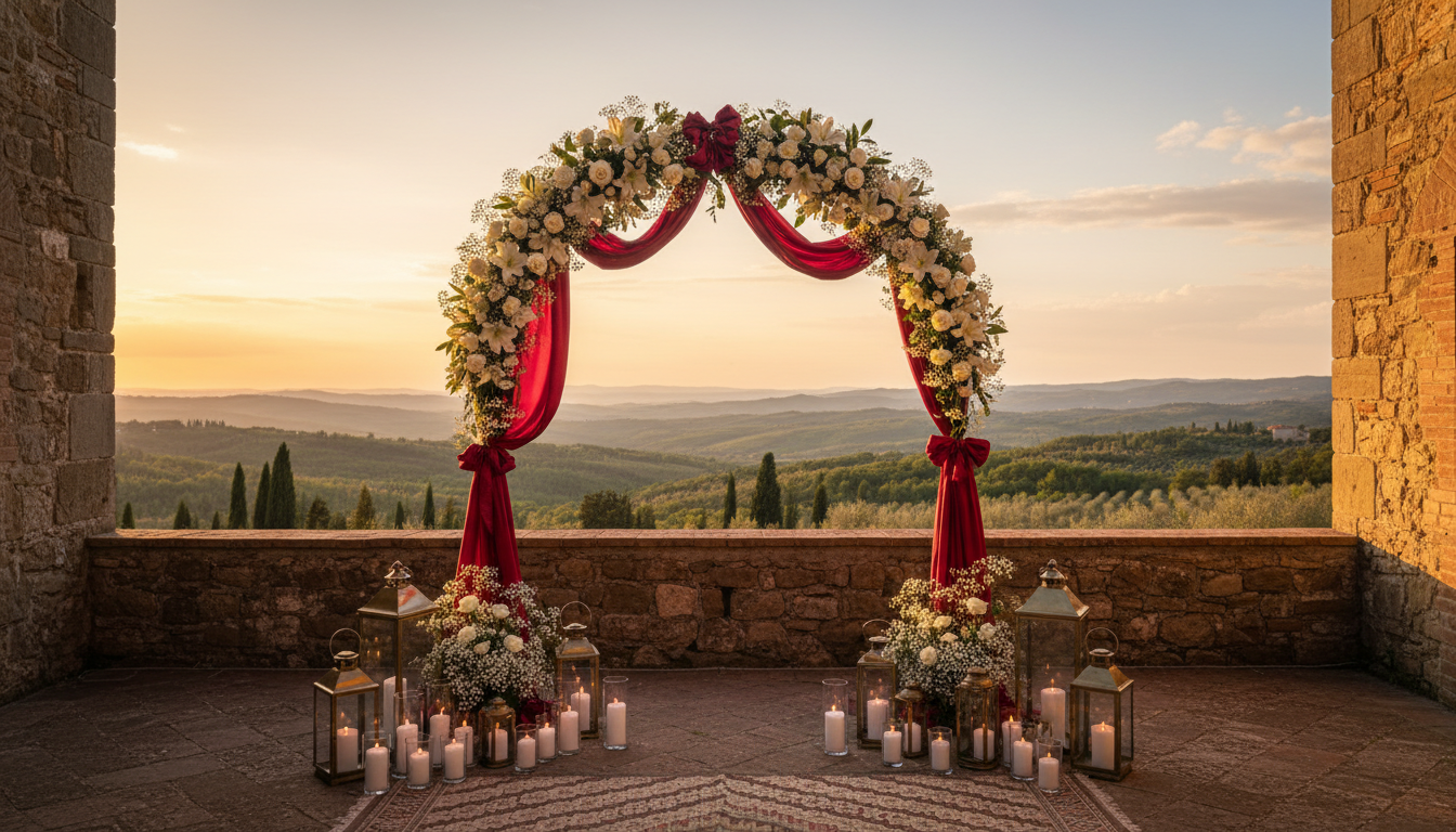 Elopement ceremony with red ribbon overlooking the Maremma hills of Tuscany – castle elopement Tuscany – Kiss Me Italy