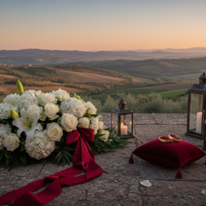 Anniversary vow renewal with rings and lanterns overlooking the Tuscan hills – Tuscany castle vow renewal – Kiss Me Italy