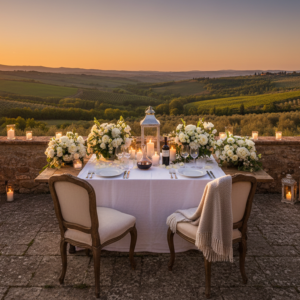 Candlelit proposal dinner overlooking the Tuscan Maremma hills at sunset – Tuscany marriage proposal – Kiss Me Italy