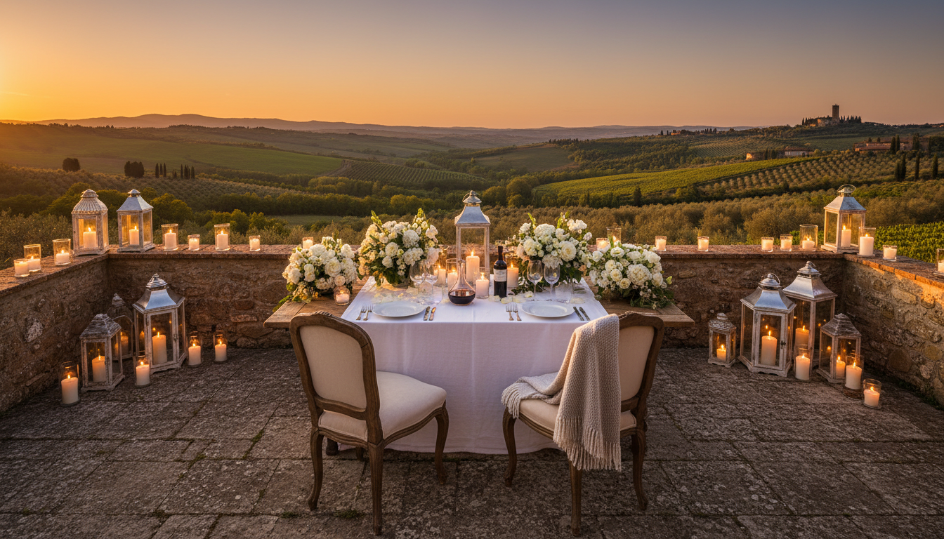 Candlelit proposal dinner overlooking the Tuscan Maremma hills at sunset – Tuscany marriage proposal – Kiss Me Italy