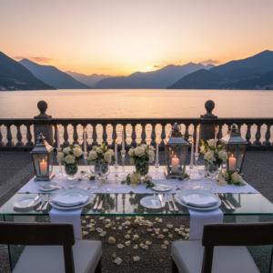 Candlelit crystal table for two on a panoramic terrace over Lake Como at sunset – terrace proposal Lake Como – Kiss Me Italy