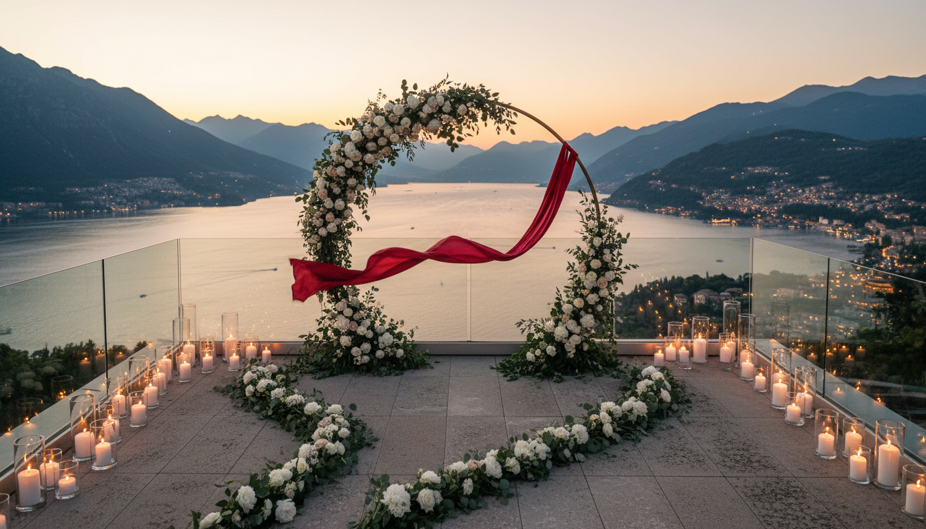 Elopement ceremony with red ribbon on the private rooftop of Palazzo Genazzini over Lake Como – palazzo genazzini elopement – Kiss Me Italy