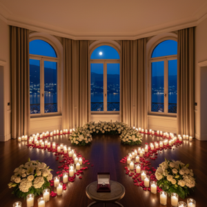 Proposal setup with flowers and candles in a corner suite overlooking Lake Como – palazzo genazzini proposal – Kiss Me Italy