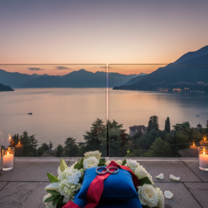 Vow renewal setup with rings and red ribbon on the rooftop of Palazzo Genazzini over Lake Como – palazzo genazzini vow renewal – Kiss Me Italy