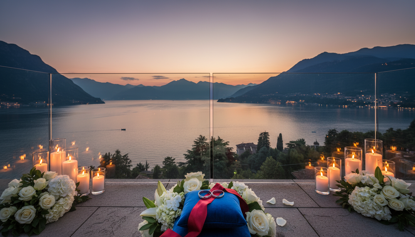 Vow renewal setup with rings and red ribbon on the rooftop of Palazzo Genazzini over Lake Como – palazzo genazzini vow renewal – Kiss Me Italy