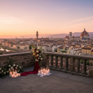 Elopement ceremony with red ribbon at Piazzale Michelangelo overlooking Florence – piazzale michelangelo elopement – Kiss Me Italy
