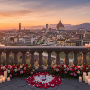 Proposal setup with flowers and candles at Piazzale Michelangelo overlooking Florence at sunset – piazzale michelangelo proposal – Kiss Me Italy