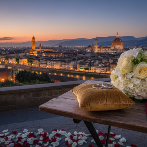 Vow renewal setup with rings and red ribbon at Piazzale Michelangelo over Florence – piazzale michelangelo vow renewal – Kiss Me Italy