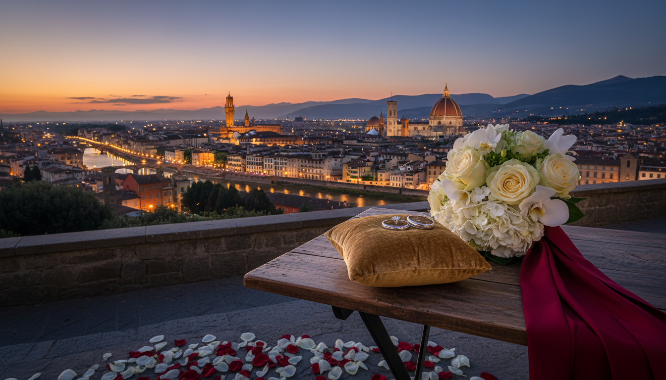 Vow renewal setup with rings and red ribbon at Piazzale Michelangelo over Florence – piazzale michelangelo vow renewal – Kiss Me Italy
