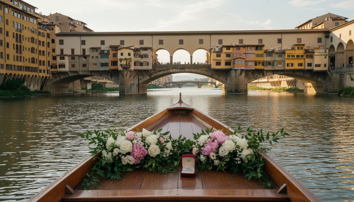 Traditional row boat proposal beneath Ponte Vecchio on the Arno in Florence – ponte vecchio proposal – Kiss Me Italy