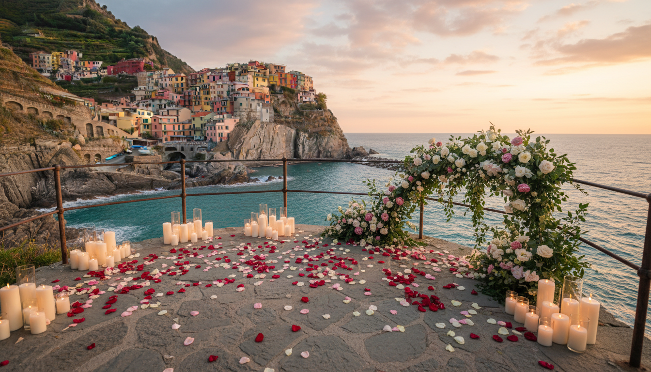 Marriage proposal setup with flowers and candles on a private terrace over the Cinque Terre sea at Porto Roca – porto roca proposal – Kiss Me Italy