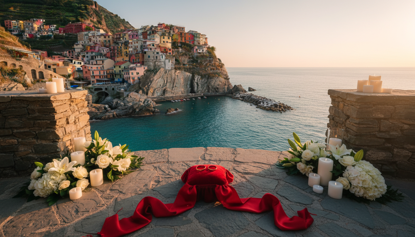 Vow renewal setup with rings and red ribbon on a terrace above the Cinque Terre sea – porto roca vow renewal – Kiss Me Italy