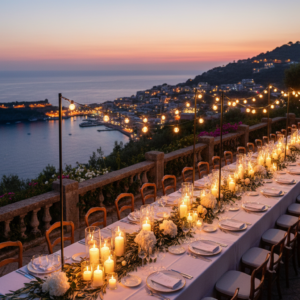 Wedding dinner table on a cliff garden terrace above the sea at Monterosso al Mare – cinque terre wedding dinner – Kiss Me Italy