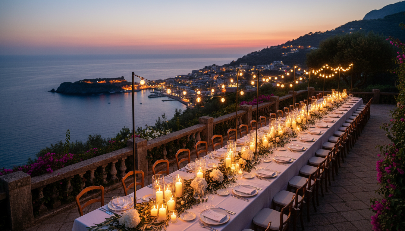 Wedding dinner table on a cliff garden terrace above the sea at Monterosso al Mare – cinque terre wedding dinner – Kiss Me Italy