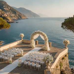 Wedding ceremony setup on the panoramic sea terrace of Hotel Porto Roca in Monterosso, Cinque Terre – hotel porto roca wedding – Kiss Me Italy