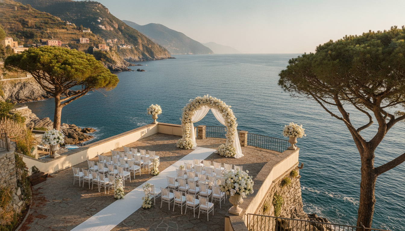 Wedding ceremony setup on the panoramic sea terrace of Hotel Porto Roca in Monterosso, Cinque Terre – hotel porto roca wedding – Kiss Me Italy