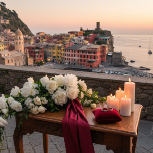 Anniversary vow renewal with rings on a terrace over Portovenere and the Gulf of Poets – gulf of poets vow renewal – Kiss Me Italy