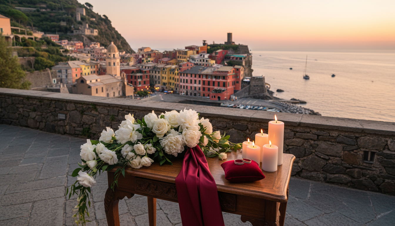 Anniversary vow renewal with rings on a terrace over Portovenere and the Gulf of Poets – gulf of poets vow renewal – Kiss Me Italy
