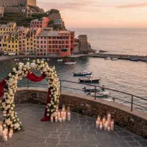 Elopement ceremony with red ribbon on a suite terrace over the Gulf of Poets – gulf of poets elopement – Kiss Me Italy