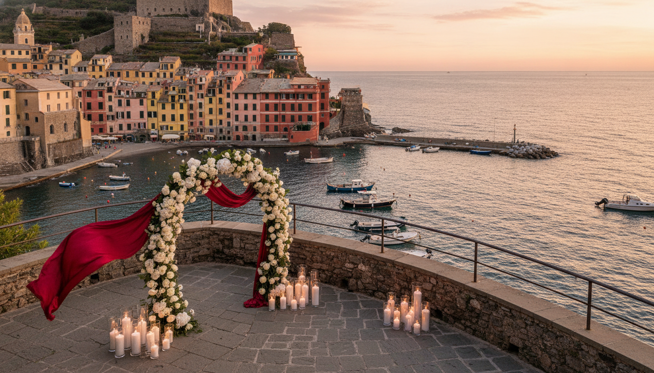 Elopement ceremony with red ribbon on a suite terrace over the Gulf of Poets – gulf of poets elopement – Kiss Me Italy