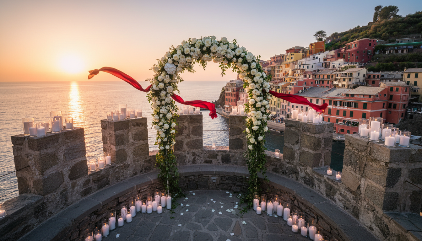 Elopement ceremony with red ribbon on the medieval tower of Portovenere – elope in Portovenere – Kiss Me Italy