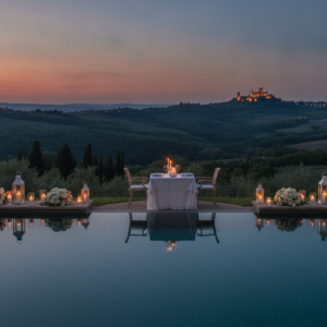 Proposal dinner beside a private infinity pool facing Poppi Castle in Tuscany – private estate proposal Tuscany – Kiss Me Italy