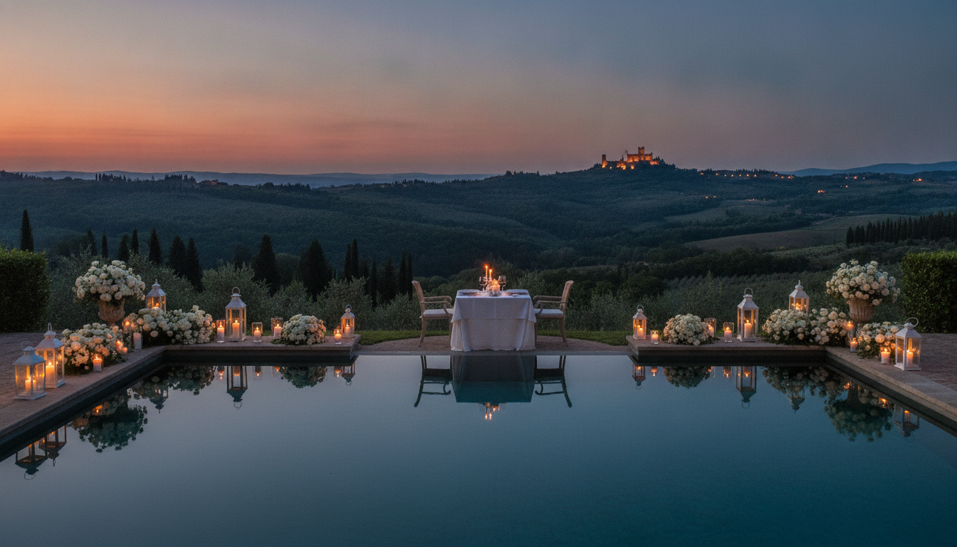 Proposal dinner beside a private infinity pool facing Poppi Castle in Tuscany – private estate proposal Tuscany – Kiss Me Italy