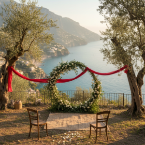 Elopement ceremony with red ribbon in an olive grove above the Amalfi Coast – amalfi private villa elopement – Kiss Me Italy