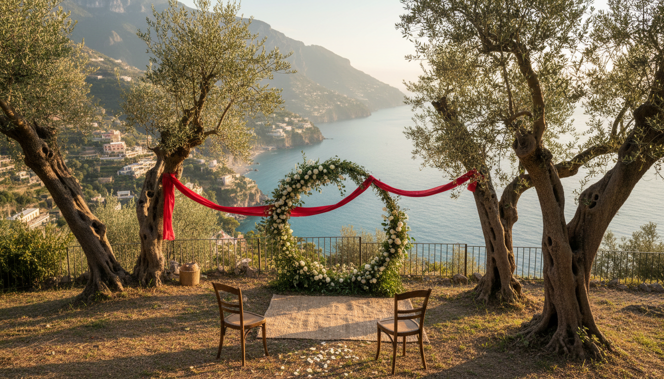 Elopement ceremony with red ribbon in an olive grove above the Amalfi Coast – amalfi private villa elopement – Kiss Me Italy