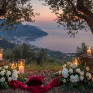 Vow renewal setup with rings and red ribbon in an olive grove over the Amalfi Coast – amalfi private villa vow renewal – Kiss Me Italy