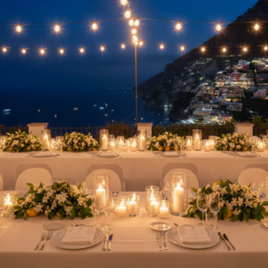 Wedding dinner under string lights in a private villa garden above Amalfi – amalfi villa wedding dinner – Kiss Me Italy
