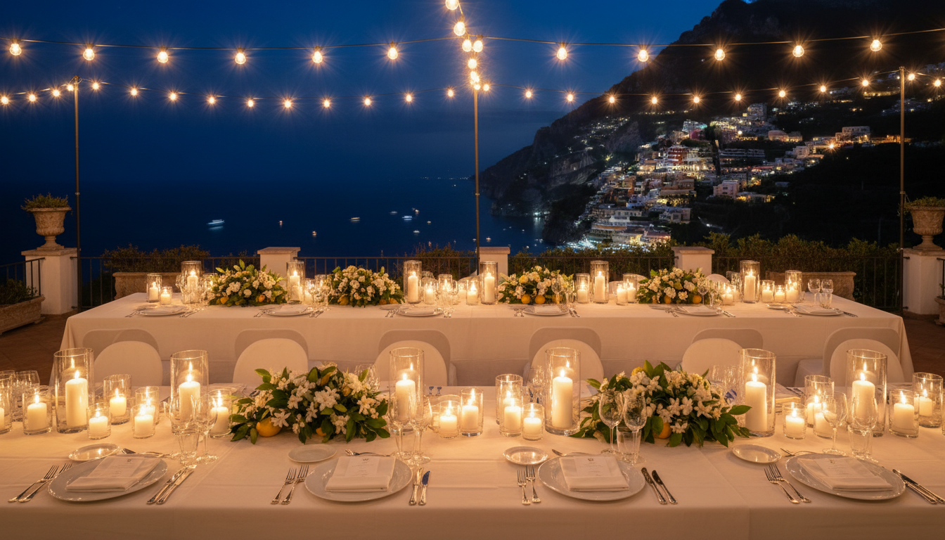 Wedding dinner under string lights in a private villa garden above Amalfi – amalfi villa wedding dinner – Kiss Me Italy