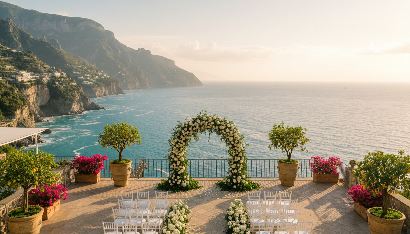 Wedding ceremony on the panoramic terrace of a private villa above the Amalfi Coast – amalfi private villa wedding – Kiss Me Italy