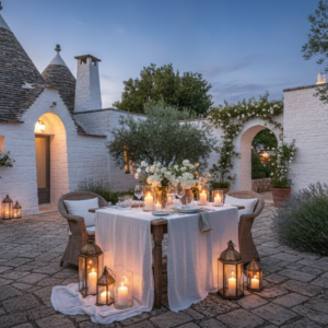 Candlelit proposal dinner among cone-roofed trulli in Puglia at night – trulli proposal – Kiss Me Italy