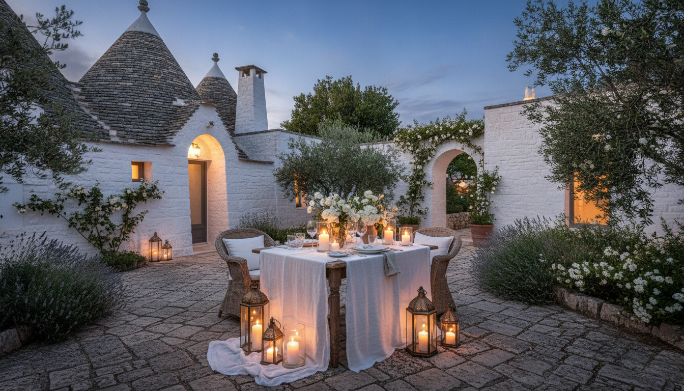 Candlelit proposal dinner among cone-roofed trulli in Puglia at night – trulli proposal – Kiss Me Italy