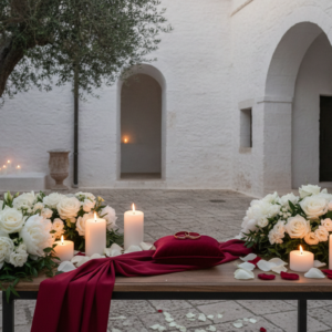 Anniversary vow renewal with rings and candles in a Puglian masseria garden – vow renewal in Puglia – Kiss Me Italy