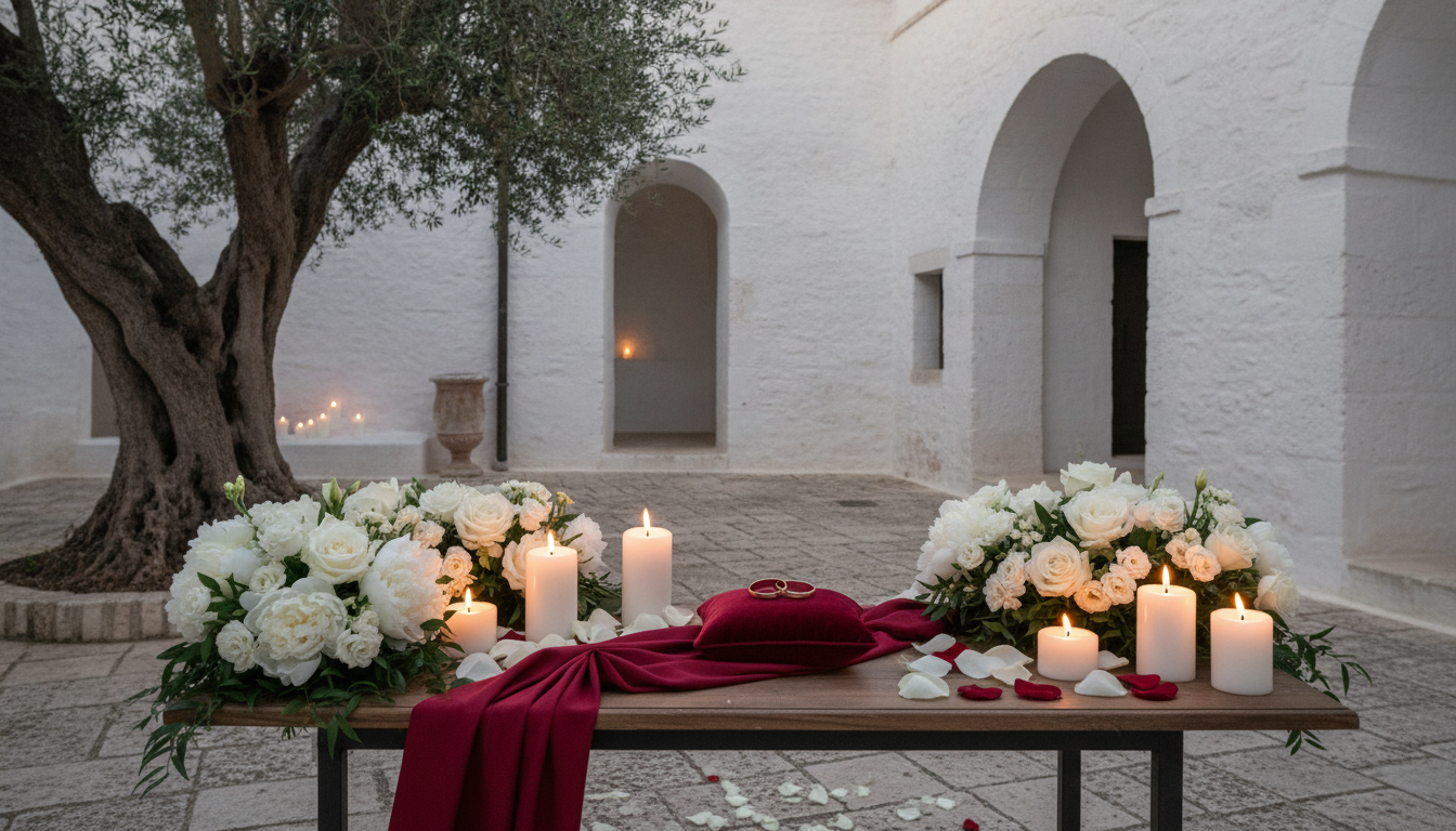 Anniversary vow renewal with rings and candles in a Puglian masseria garden – vow renewal in Puglia – Kiss Me Italy