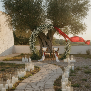 Elopement ceremony with red ribbon in a masseria garden near Fasano – elope in Puglia – Kiss Me Italy