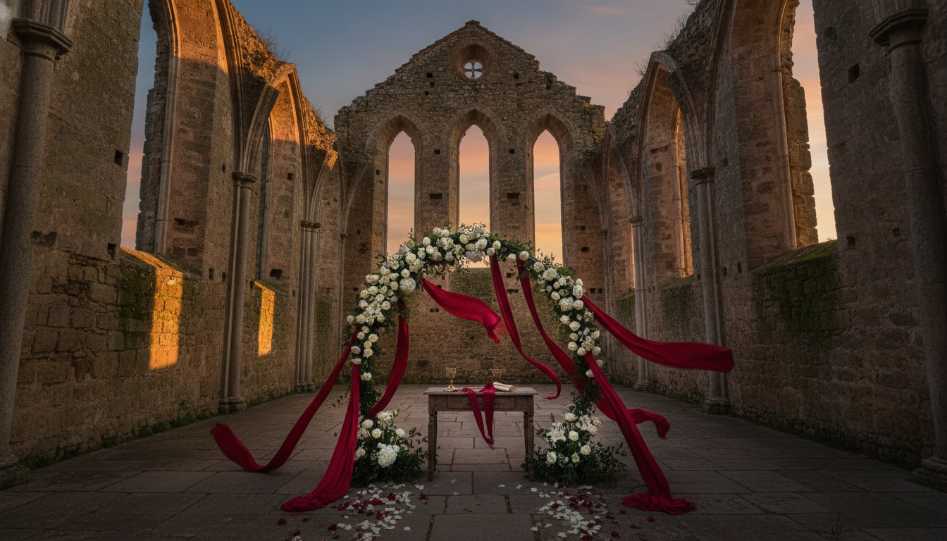 Elopement ceremony inside the roofless Gothic nave of Abbazia di San Galgano, Tuscany – abbazia di san galgano elopement tuscany – Kiss Me Italy