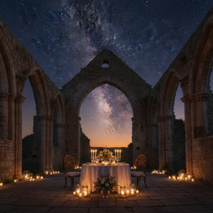 Proposal setup inside the roofless Gothic nave of Abbazia di San Galgano, Tuscany – abbazia di san galgano proposal tuscany – Kiss Me Italy